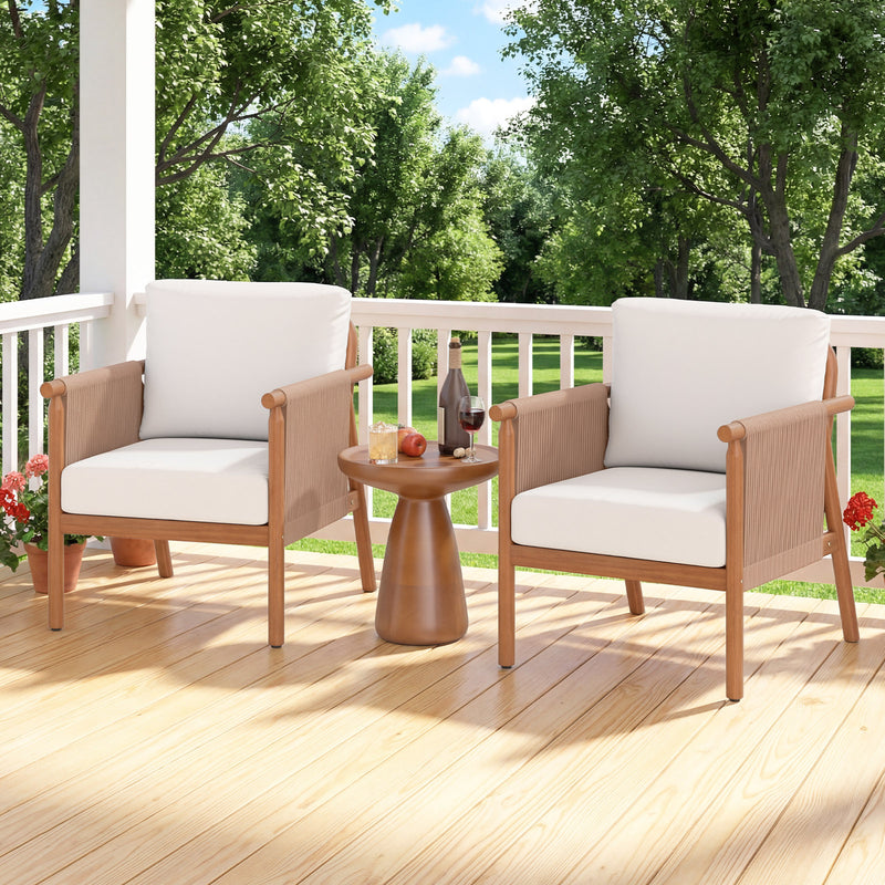 Costway - Patio Acacia Wood Chair Set of 2 with Woven Rope Armrests and Seat Back Cushions for Backyard-White