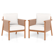 Costway - Patio Acacia Wood Chair Set of 2 with Woven Rope Armrests and Seat Back Cushions for Backyard-White