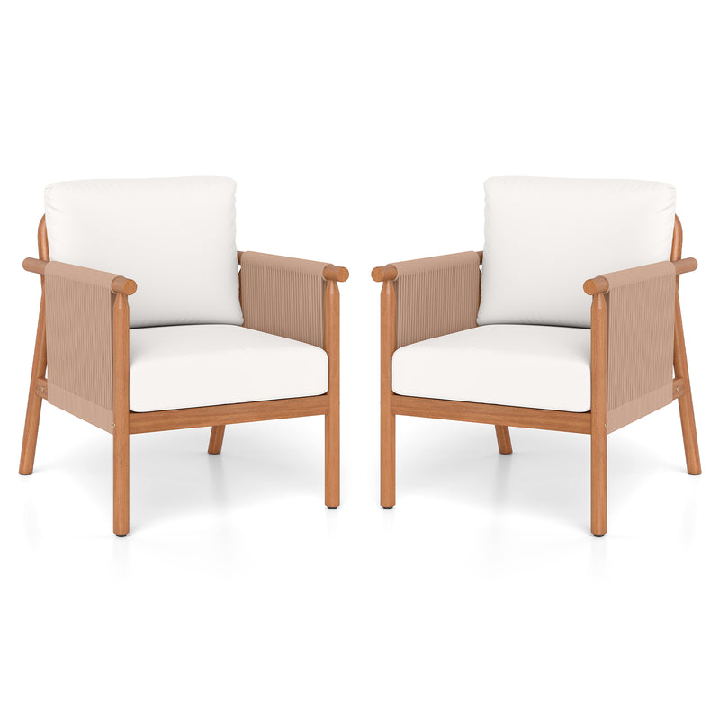 Costway - Patio Acacia Wood Chair Set of 2 with Woven Rope Armrests and Seat Back Cushions for Backyard-White
