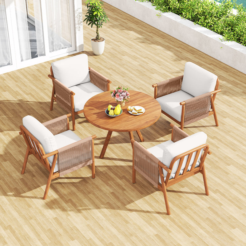 Costway - Patio Acacia Wood Chair Set of 2 with Woven Rope Armrests and Seat Back Cushions for Backyard-White
