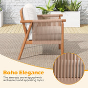 Costway - Patio Acacia Wood Chair Set of 2 with Woven Rope Armrests and Seat Back Cushions for Backyard-White