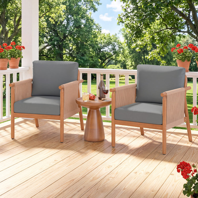 Costway - Patio Acacia Wood Chair Set of 4 with Woven Rope Armrests and Seat Back Cushions for Backyard-Gray