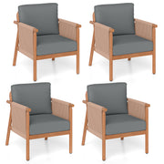 Costway - Patio Acacia Wood Chair Set of 4 with Woven Rope Armrests and Seat Back Cushions for Backyard-Gray