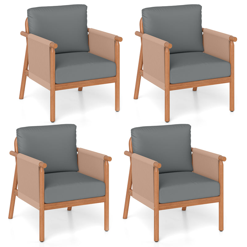 Costway - Patio Acacia Wood Chair Set of 4 with Woven Rope Armrests and Seat Back Cushions for Backyard-Gray