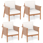 Costway - Patio Acacia Wood Chair Set of 4 with Woven Rope Armrests and Seat Back Cushions for Backyard-White