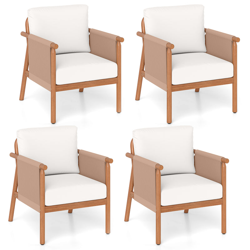 Costway - Patio Acacia Wood Chair Set of 4 with Woven Rope Armrests and Seat Back Cushions for Backyard-White
