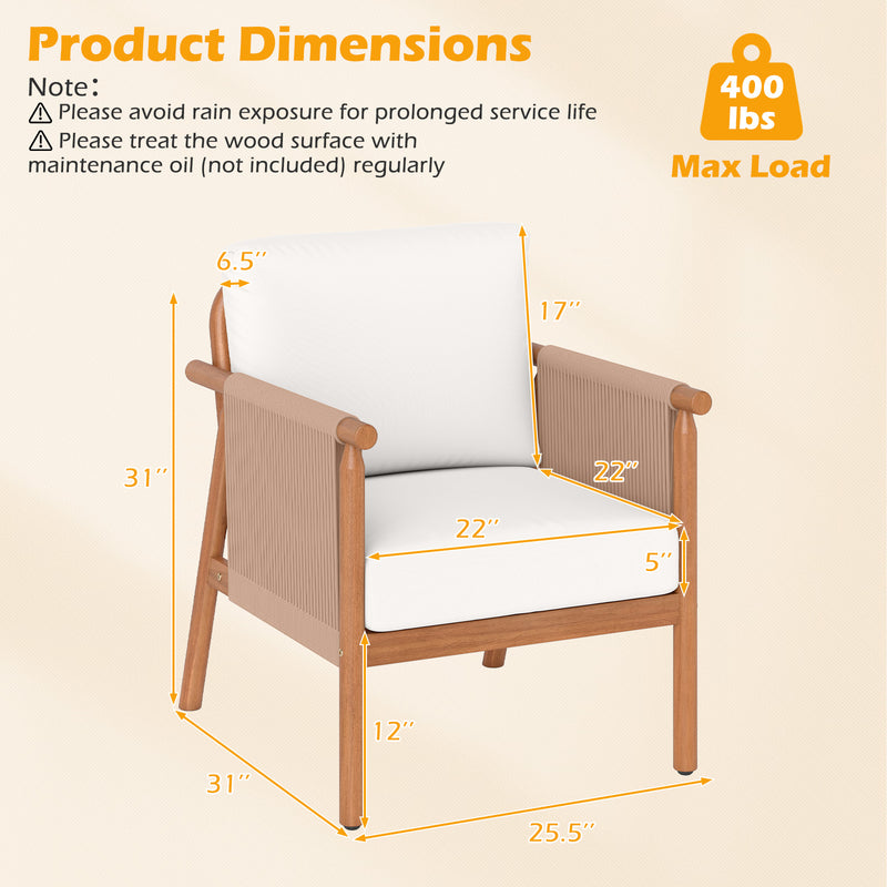 Costway - Patio Acacia Wood Chair Set of 4 with Woven Rope Armrests and Seat Back Cushions for Backyard-White