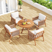 Costway - Patio Acacia Wood Chair Set of 4 with Woven Rope Armrests and Seat Back Cushions for Backyard-White