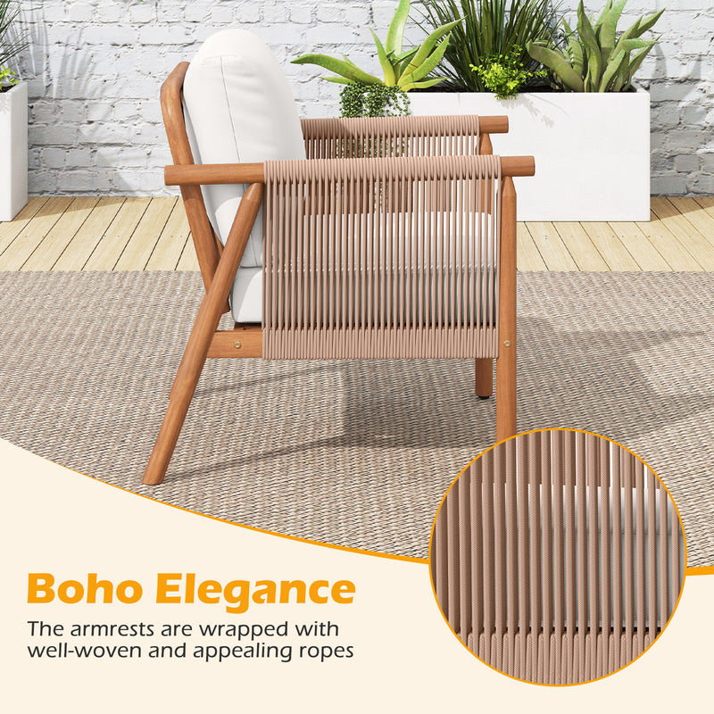 Costway - Patio Acacia Wood Chair Set of 4 with Woven Rope Armrests and Seat Back Cushions for Backyard-White