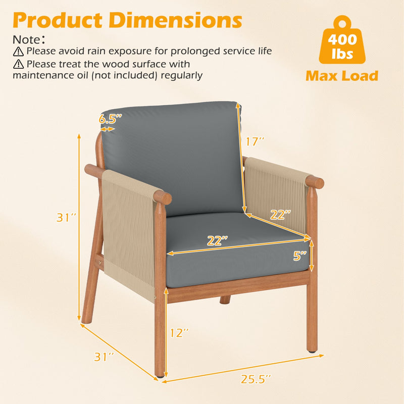 Costway - Patio Acacia Wood Chair with Woven Rope Armrests and Seat Back Cushions for Backyard-Gray