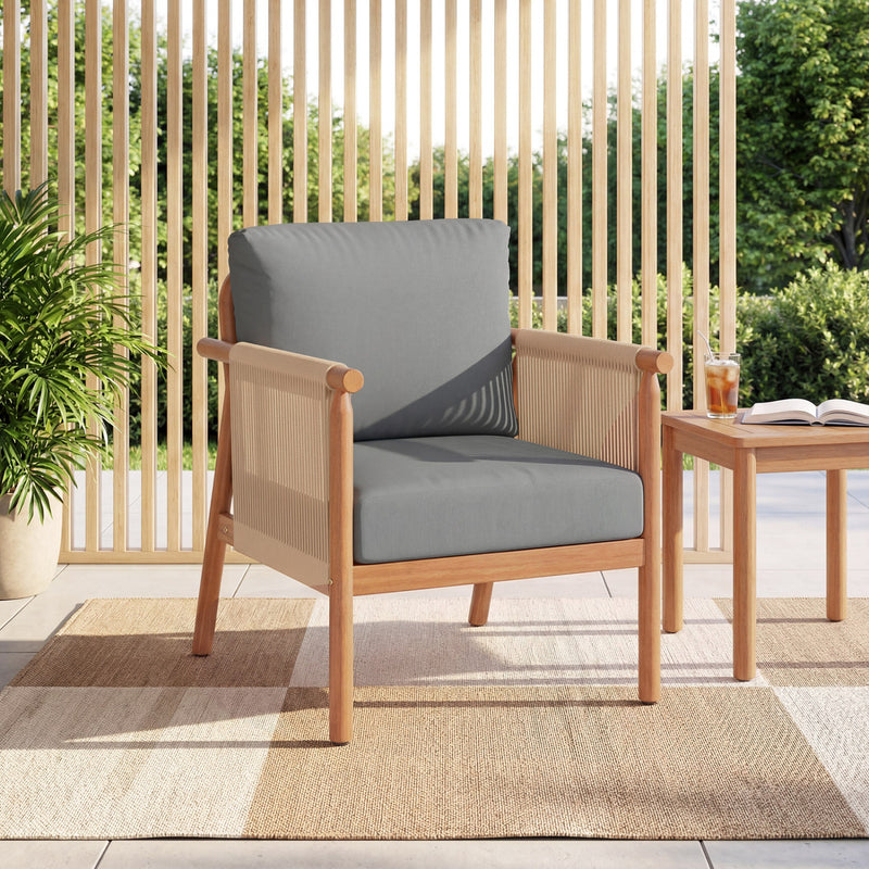 Costway - Patio Acacia Wood Chair with Woven Rope Armrests and Seat Back Cushions for Backyard-Gray