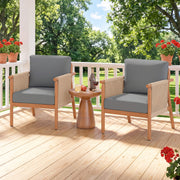 Costway - Patio Acacia Wood Chair with Woven Rope Armrests and Seat Back Cushions for Backyard-Gray