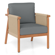 Costway - Patio Acacia Wood Chair with Woven Rope Armrests and Seat Back Cushions for Backyard-Gray