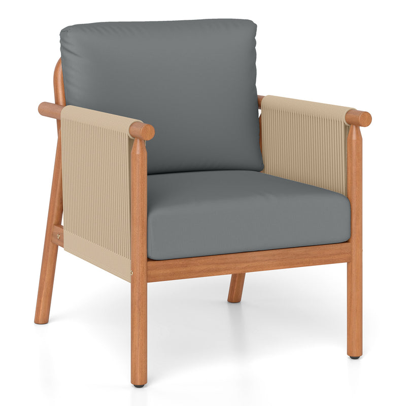 Costway - Patio Acacia Wood Chair with Woven Rope Armrests and Seat Back Cushions for Backyard-Gray