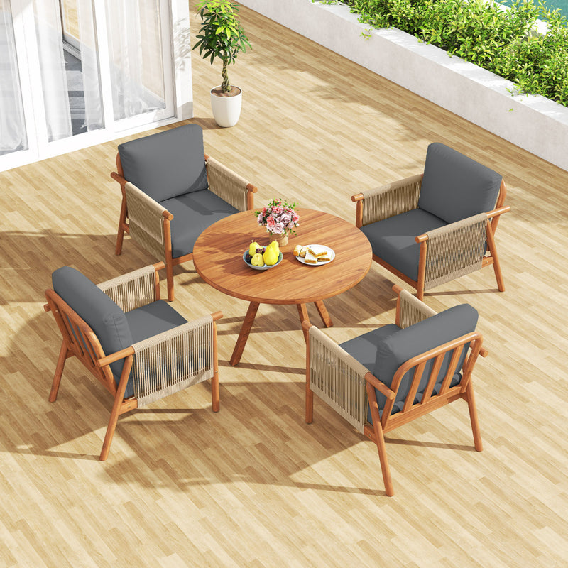 Costway - Patio Acacia Wood Chair with Woven Rope Armrests and Seat Back Cushions for Backyard-Gray