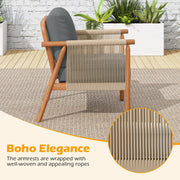 Costway - Patio Acacia Wood Chair with Woven Rope Armrests and Seat Back Cushions for Backyard-Gray