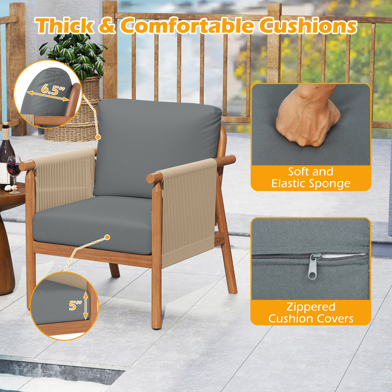 Costway - Patio Acacia Wood Chair with Woven Rope Armrests and Seat Back Cushions for Backyard-Gray
