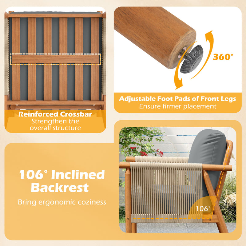Costway - Patio Acacia Wood Chair with Woven Rope Armrests and Seat Back Cushions for Backyard-Gray