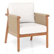 Costway - Patio Acacia Wood Chair with Woven Rope Armrests and Seat Back Cushions for Backyard-White