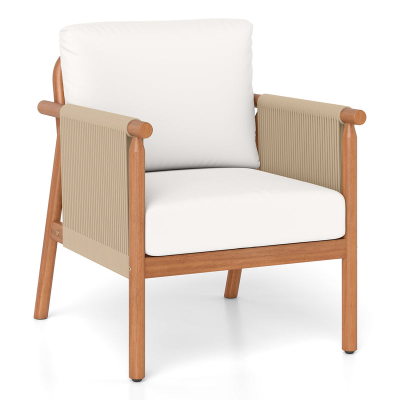 Costway - Patio Acacia Wood Chair with Woven Rope Armrests and Seat Back Cushions for Backyard-White