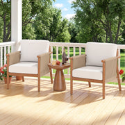 Costway - Patio Acacia Wood Chair with Woven Rope Armrests and Seat Back Cushions for Backyard-White