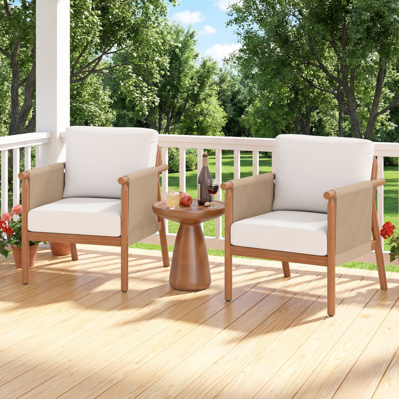 Costway - Patio Acacia Wood Chair with Woven Rope Armrests and Seat Back Cushions for Backyard-White
