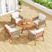 Costway - Patio Acacia Wood Chair with Woven Rope Armrests and Seat Back Cushions for Backyard-White