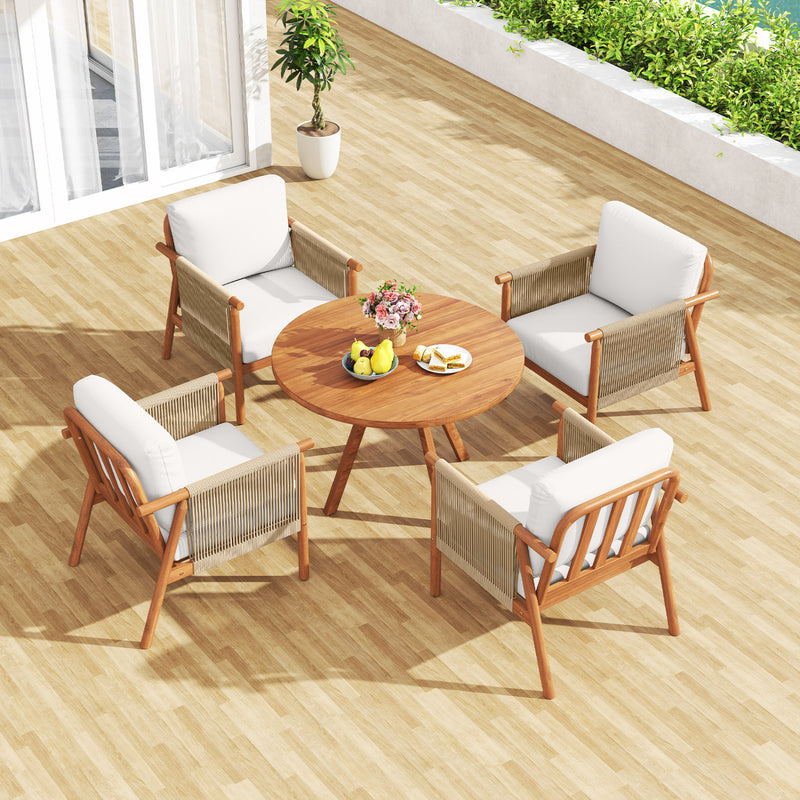Costway - Patio Acacia Wood Chair with Woven Rope Armrests and Seat Back Cushions for Backyard-White