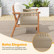 Costway - Patio Acacia Wood Chair with Woven Rope Armrests and Seat Back Cushions for Backyard-White