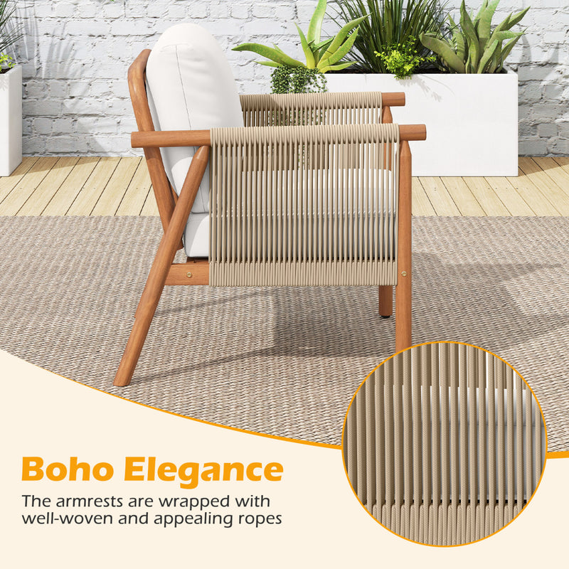 Costway - Patio Acacia Wood Chair with Woven Rope Armrests and Seat Back Cushions for Backyard-White