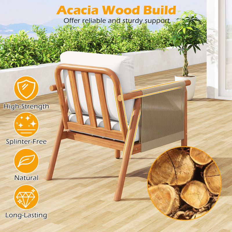 Costway - Patio Acacia Wood Chair with Woven Rope Armrests and Seat Back Cushions for Backyard-White
