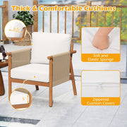 Costway - Patio Acacia Wood Chair with Woven Rope Armrests and Seat Back Cushions for Backyard-White