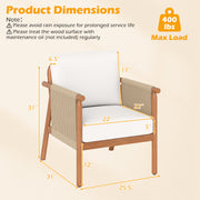 Costway - Patio Acacia Wood Chair with Woven Rope Armrests and Seat Back Cushions for Backyard-White
