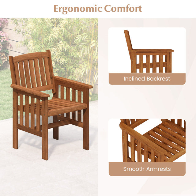 Costway - Patio Chairs Set of 2 Outdoor Solid Wood Chairs with Slatted Seat and Inclined Backrest