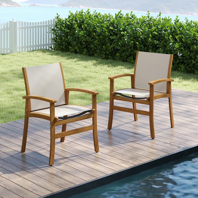 Costway - Patio Chairs Set of 2 Acacia Wood Armchairs with Breathable Fabric Back and Seat-Yellow