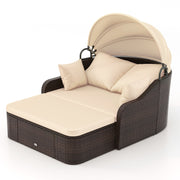 Costway - Patio PE Rattan Daybed with Retractable Canopy and Soft Cushions-Beige