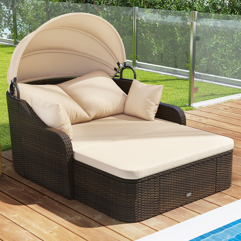 Costway - Patio PE Rattan Daybed with Retractable Canopy and Soft Cushions-Beige