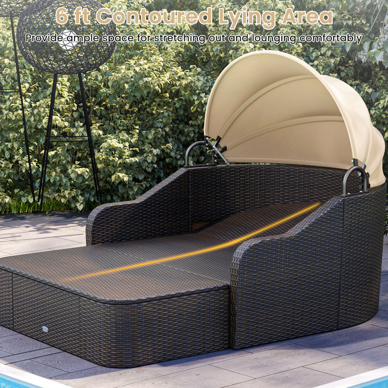 Costway - Patio PE Rattan Daybed with Retractable Canopy and Soft Cushions-Beige