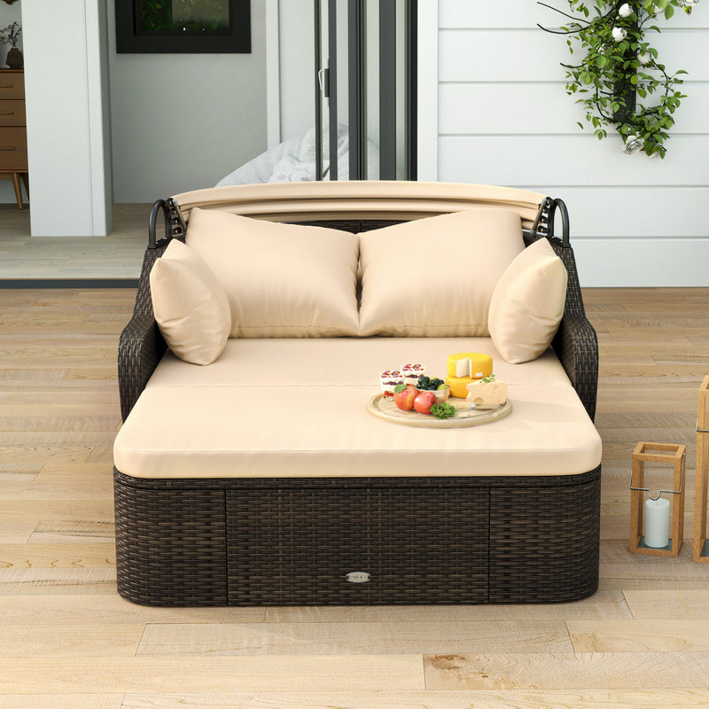 Costway - Patio PE Rattan Daybed with Retractable Canopy and Soft Cushions-Beige