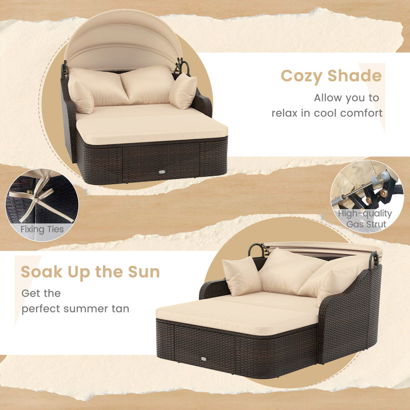Costway - Patio PE Rattan Daybed with Retractable Canopy and Soft Cushions-Beige
