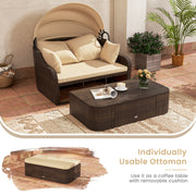 Costway - Patio PE Rattan Daybed with Retractable Canopy and Soft Cushions-Beige