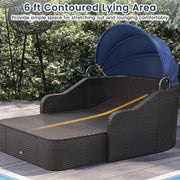 Costway - Patio PE Rattan Daybed with Retractable Canopy and Soft Cushions-Navy