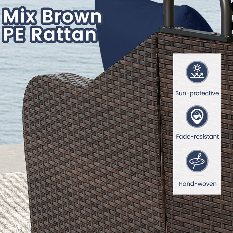 Costway - Patio PE Rattan Daybed with Retractable Canopy and Soft Cushions-Navy