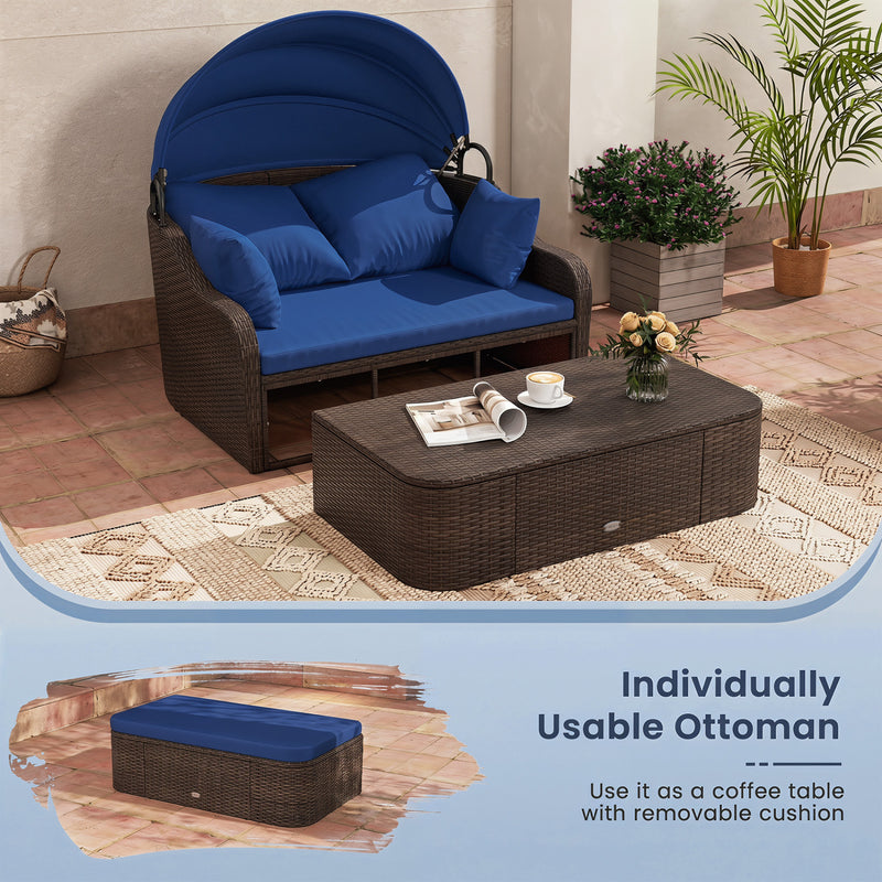Costway - Patio PE Rattan Daybed with Retractable Canopy and Soft Cushions-Navy