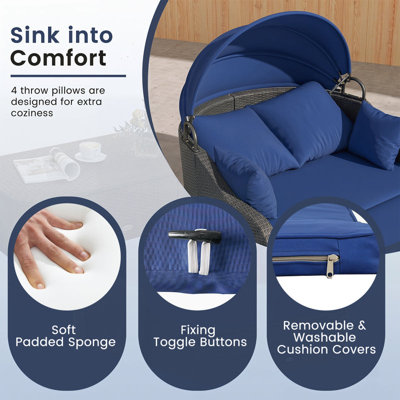 Costway - Patio PE Rattan Daybed with Retractable Canopy and Soft Cushions-Navy