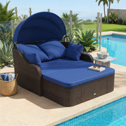 Costway - Patio PE Rattan Daybed with Retractable Canopy and Soft Cushions-Navy