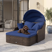 Costway - Patio PE Rattan Daybed with Retractable Canopy and Soft Cushions-Navy