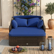 Costway - Patio PE Rattan Daybed with Retractable Canopy and Soft Cushions-Navy