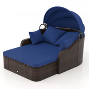 Costway - Patio PE Rattan Daybed with Retractable Canopy and Soft Cushions-Navy