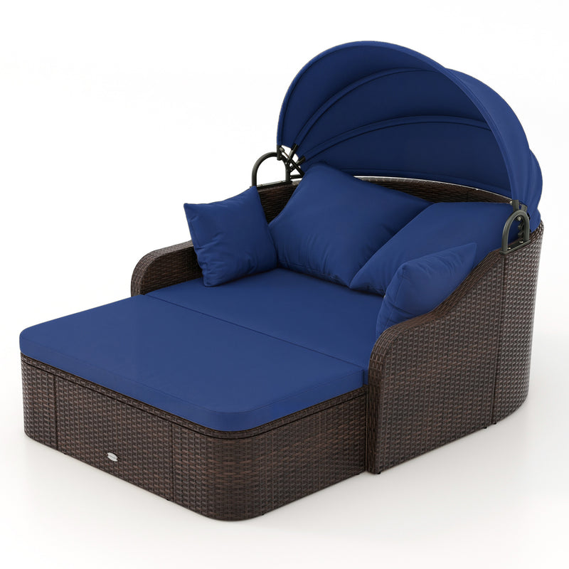 Costway - Patio PE Rattan Daybed with Retractable Canopy and Soft Cushions-Navy